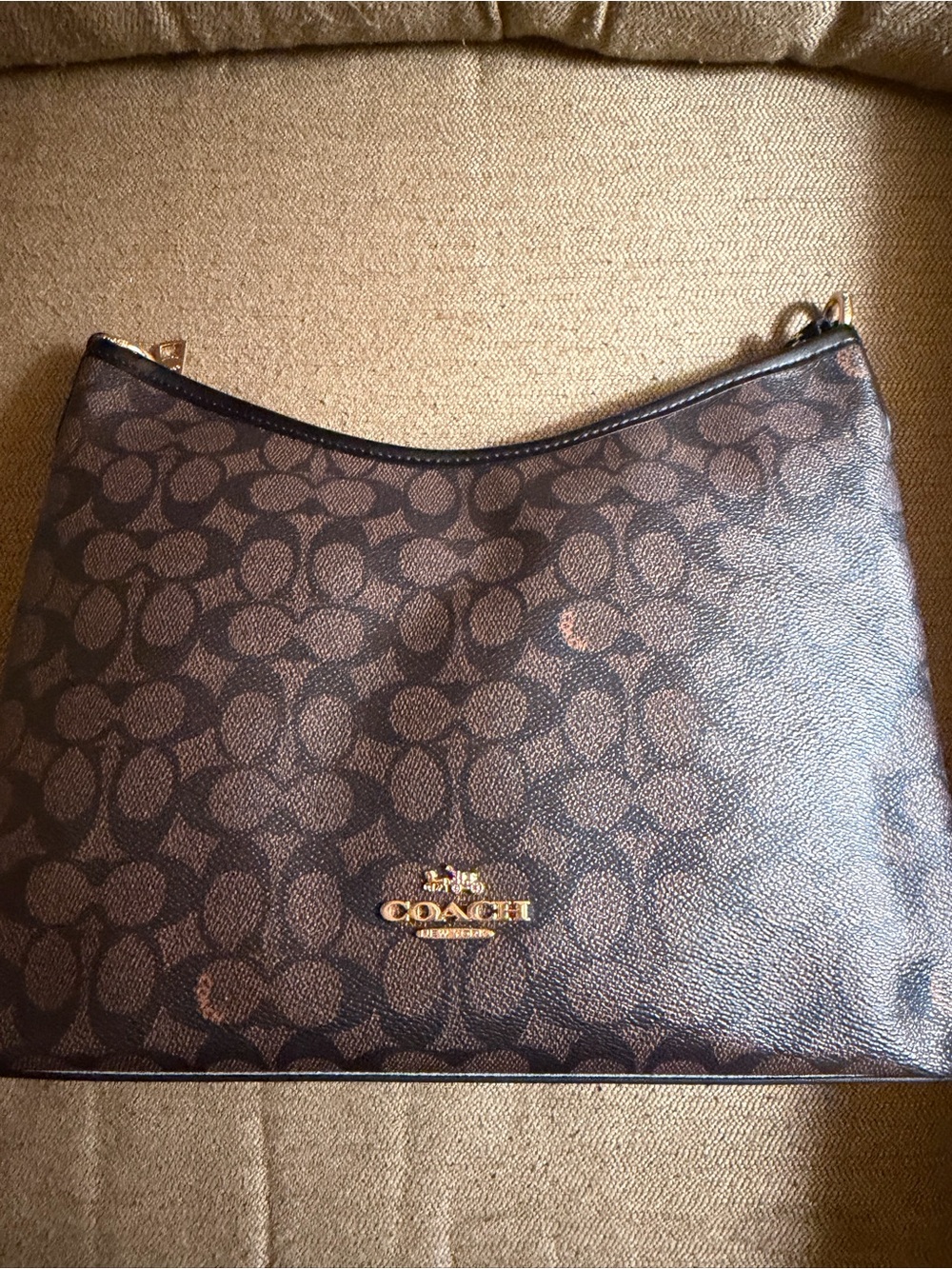 Coach Dark Brown Signature Canvas Shoulder Bag with Gold Logo